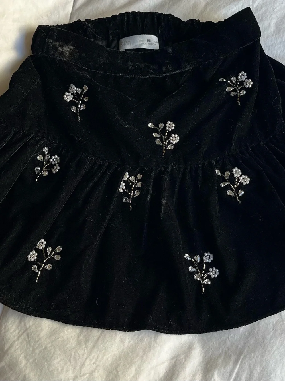 Zara Black Velvet Skirt with Crystal Floral Embellishment